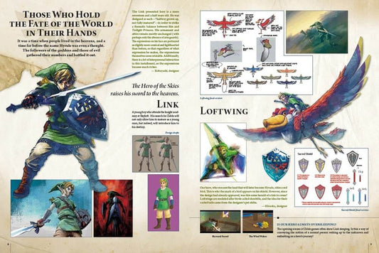 An educational poster or art print detailing the design and creation of Link and the Lothwings from the Legend of Zelda series, featuring character illustrations, sketches, and text on a parchment-style background.