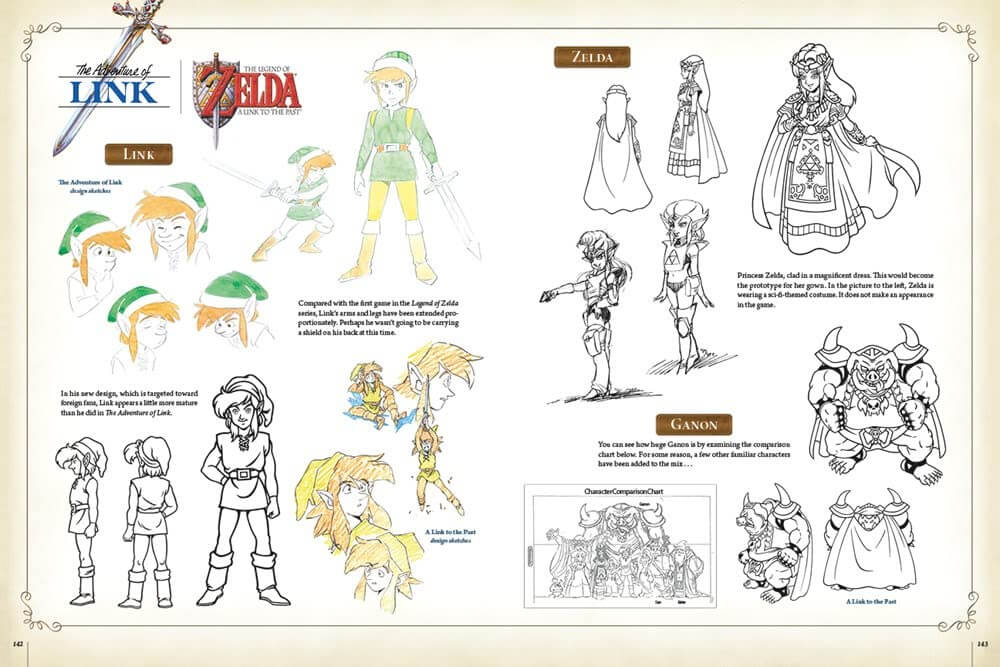 Illustrations of Link and Ganon from 'The Legend of Zelda' series on a beige background.