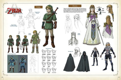 Character design sheet for Link and Zelda from 'The Legend of Zelda' series, showing various poses and outfits.