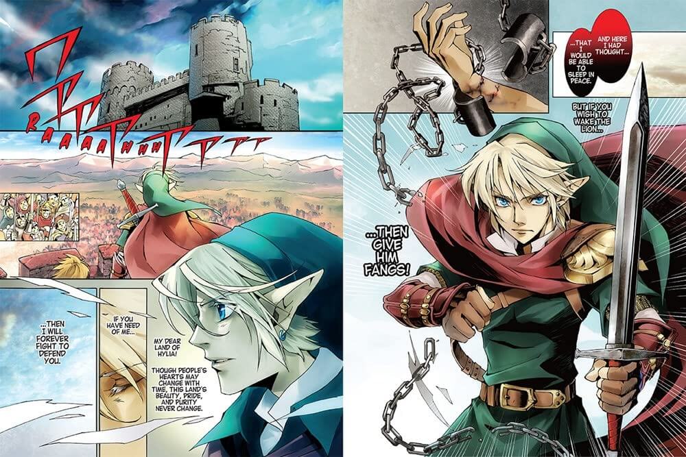 Comic book panels featuring a character with a sword and a castle in the background