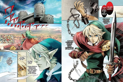 Comic book panels featuring a character with a sword and a castle in the background