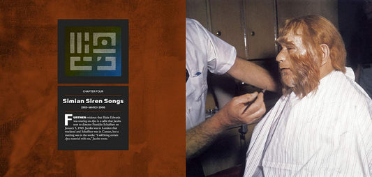 A book or album cover design split into two sections: the left side is a textured brown panel with a black title block reading 'Simian Siren Songs' and small descriptive text; the right side shows a man with long reddish hair seated while another person in a white shirt adjusts his hair or beard. The overall subject appears to be printed media packaging rather than a standalone lifestyle product shot.