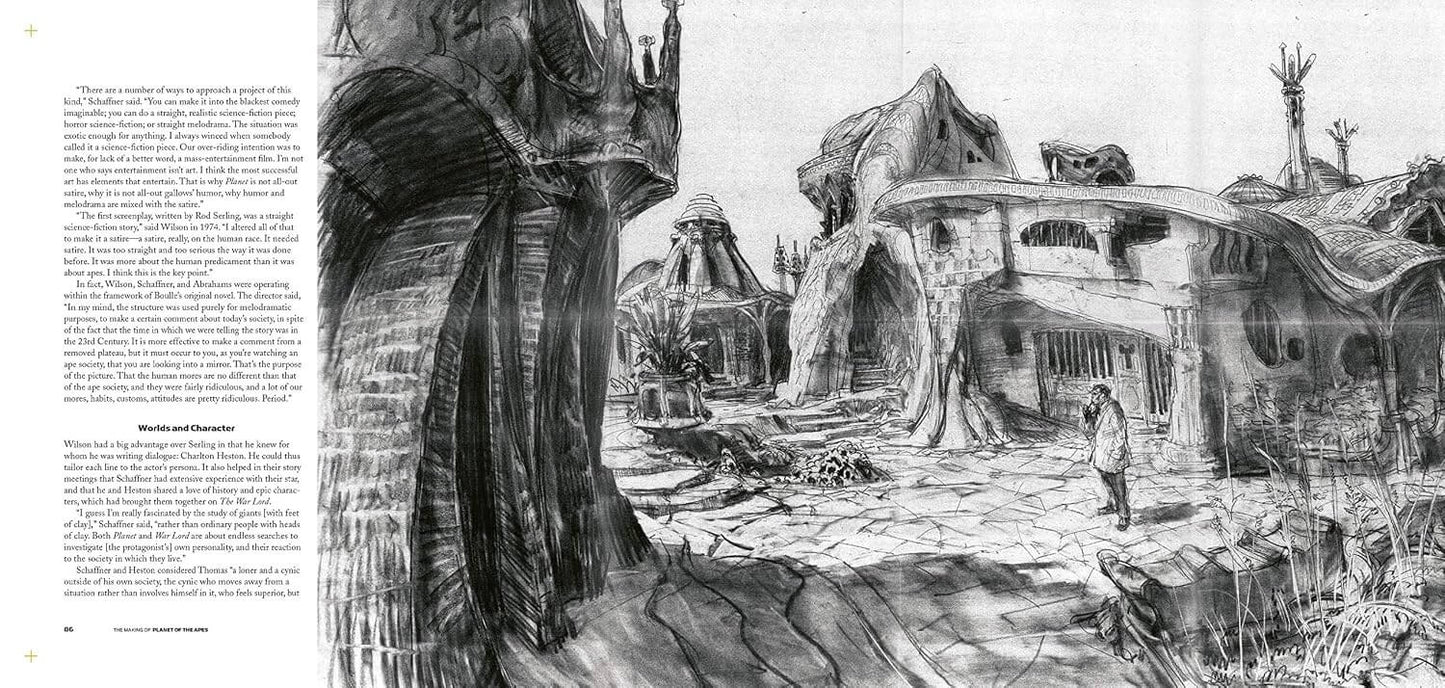 A black and white printed page showing a detailed fantasy landscape illustration with cave-like structures, a large tree trunk in the foreground, and a small human figure walking through a rocky terrain. Dense explanatory text appears along the left margin.