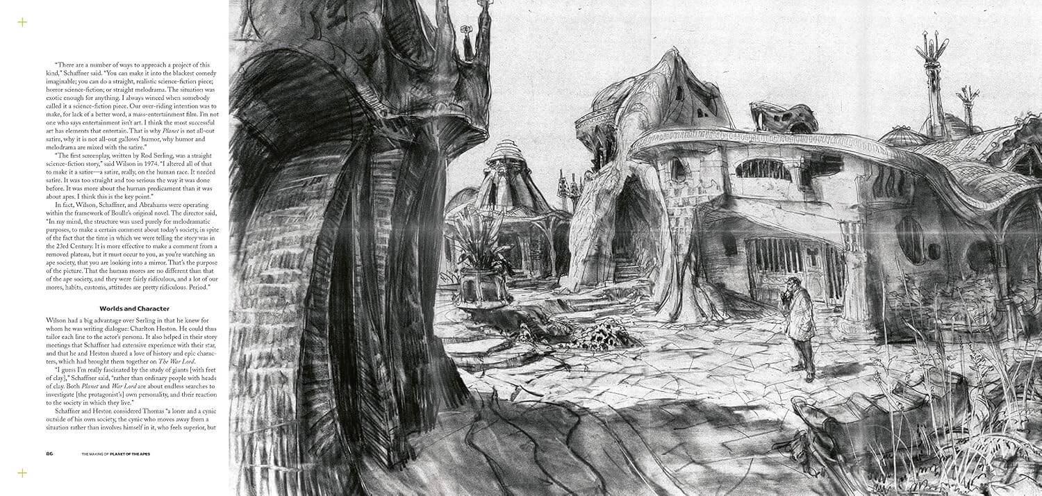 A black and white printed page showing a detailed fantasy landscape illustration with cave-like structures, a large tree trunk in the foreground, and a small human figure walking through a rocky terrain. Dense explanatory text appears along the left margin.