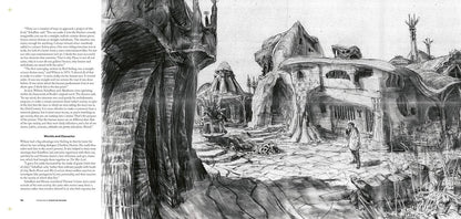 A black and white printed page showing a detailed fantasy landscape illustration with cave-like structures, a large tree trunk in the foreground, and a small human figure walking through a rocky terrain. Dense explanatory text appears along the left margin.