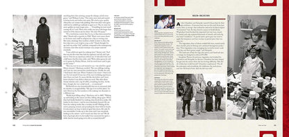 An open book or magazine spread showing two printed pages with black-and-white photographs, small text columns, and red page borders. The left page contains two vertical photos of a person in dark clothing, and the right page includes a group photo and a larger photo of a person working at a table.