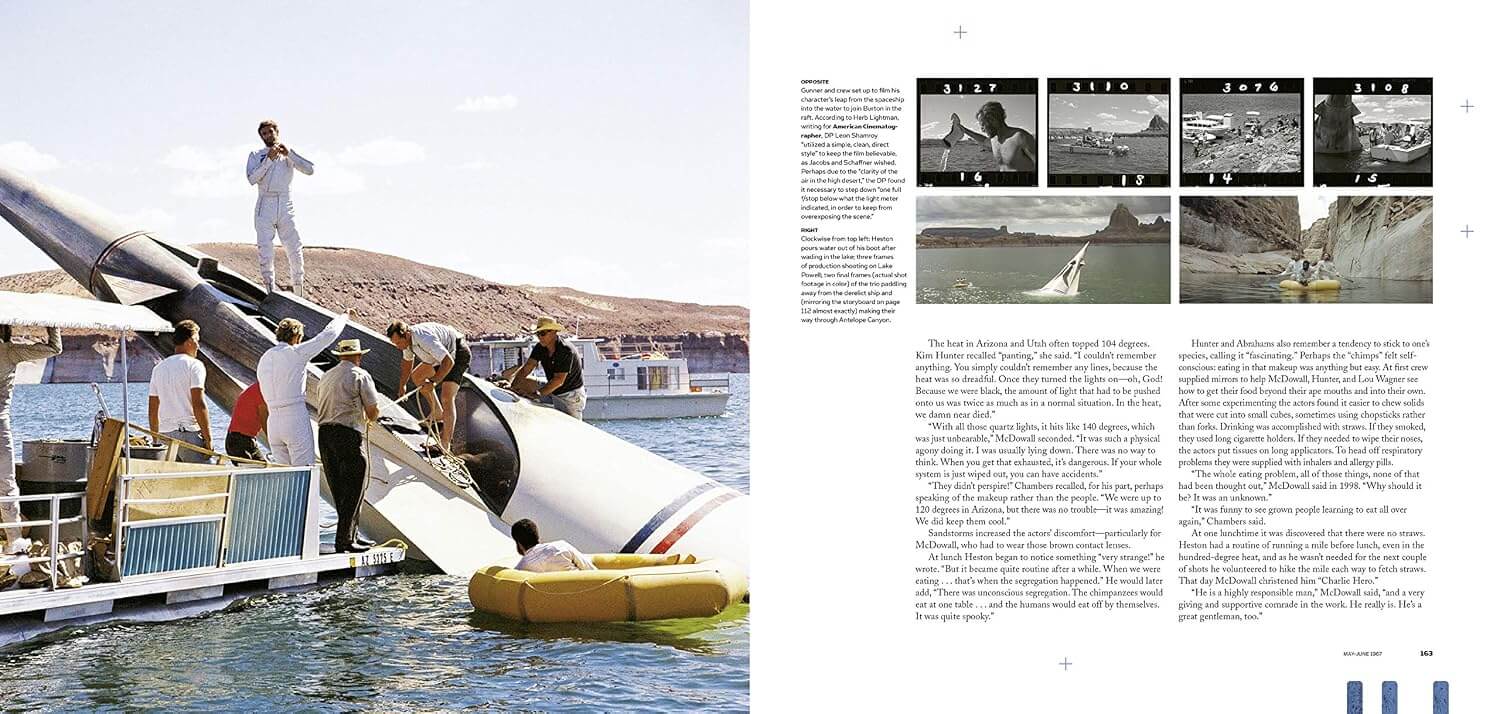 A two-page spread from a magazine or book featuring a large photograph on the left of people handling a large white rocket on a boat in a harbor, and a smaller black-and-white photo collage with text on the right.