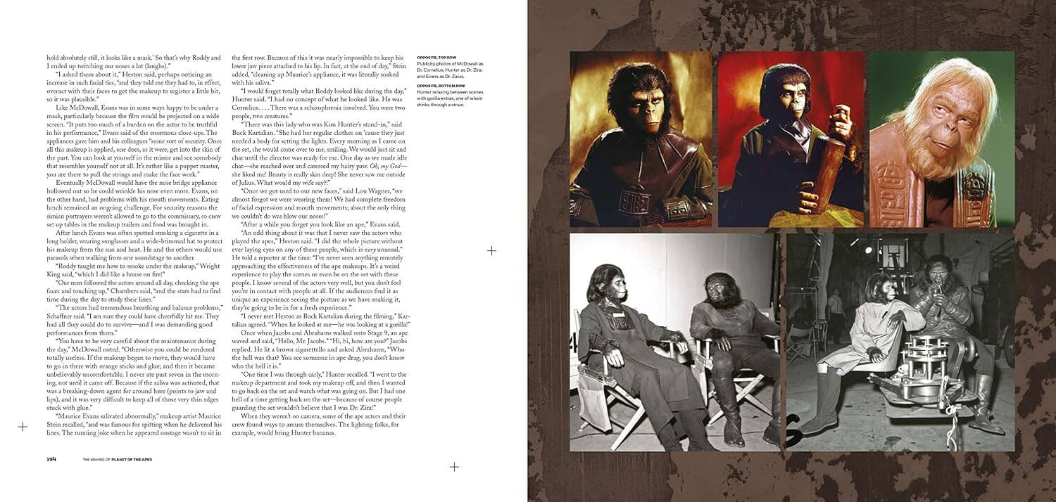 An open book spread showing printed text on the left page and a collage of six photos on the right page, likely from a biography or film publication about Steven Spielberg.