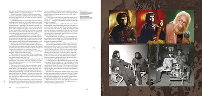 An open book spread showing printed text on the left page and a collage of six photos on the right page, likely from a biography or film publication about Steven Spielberg.
