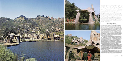 A printed page or spread showing a scenic landscape with a lake, hillside settlements, and stone structures, alongside three smaller inset photos and columns of text. This is not a clean product shot, not a person-centered lifestyle image, and not a measurement chart, color swatch, or instruction diagram.