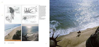 Book page with illustrations of coastal scenes and text on the left, and a real-life photo of a beach with waves on the right.