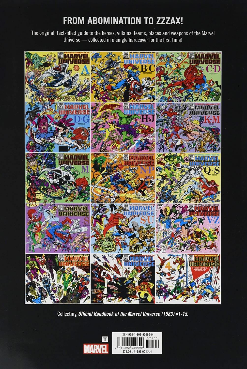 Back cover of a Marvel comic book guide or handbook, featuring a large grid of colorful vintage Marvel comic covers on a black background, with white text at the top and Marvel branding at the bottom.