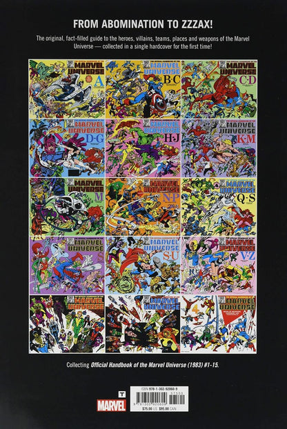 Back cover of a Marvel comic book guide or handbook, featuring a large grid of colorful vintage Marvel comic covers on a black background, with white text at the top and Marvel branding at the bottom.