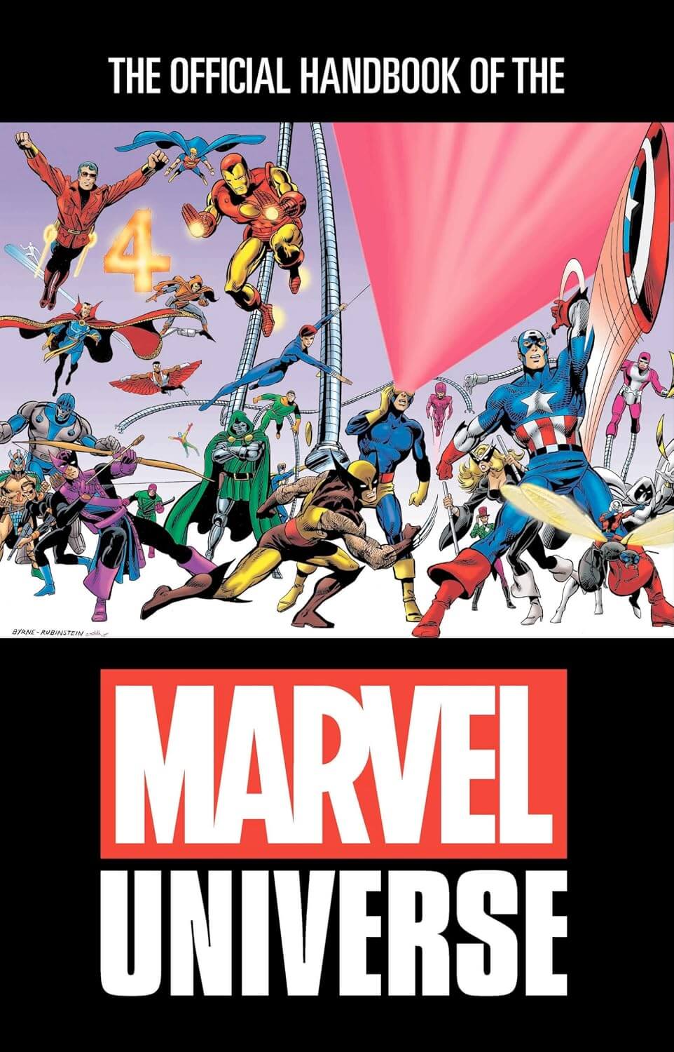 Front cover of the Marvel Universe official handbook, featuring a colorful comic-style illustration of Marvel characters across the top and large white 'MARVEL UNIVERSE' text on a black background below.