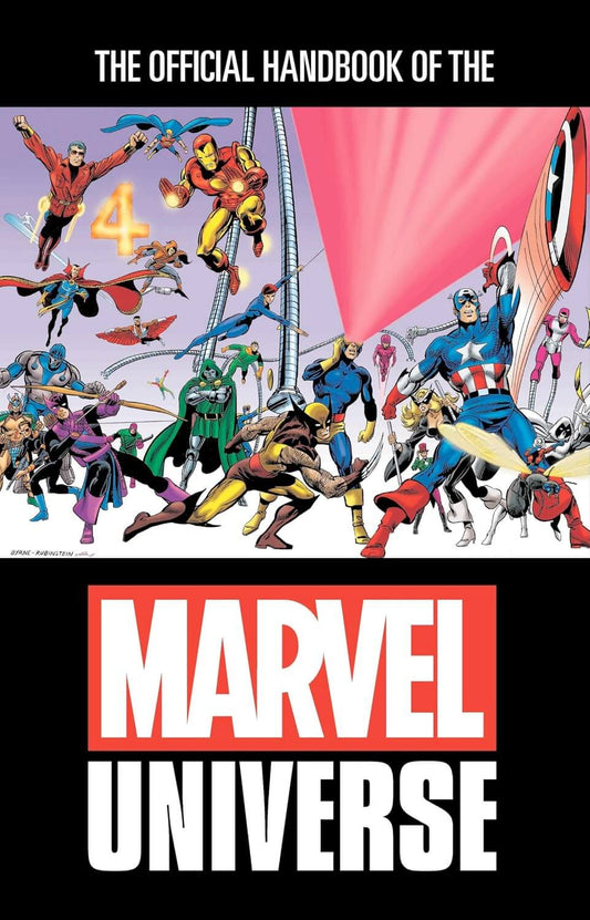 Front cover of the Marvel Universe official handbook, featuring a colorful comic-style illustration of Marvel characters across the top and large white 'MARVEL UNIVERSE' text on a black background below.
