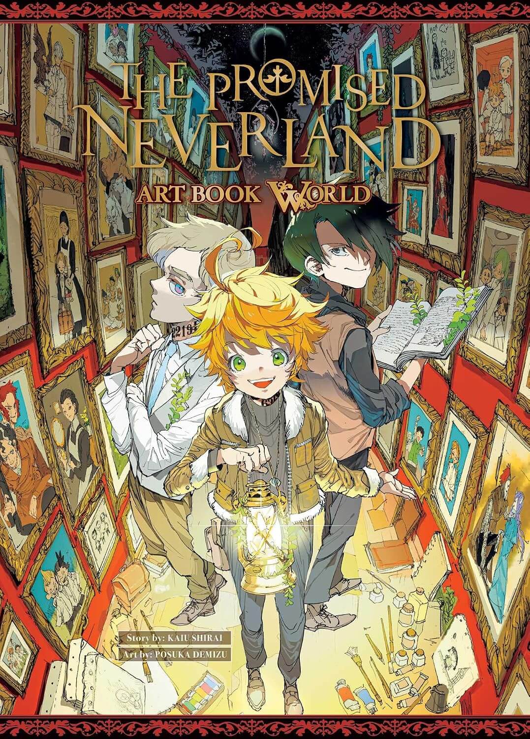 Cover of 'The Promised Neverland Art Book World' featuring three anime-style characters from the series, with a labyrinth-like background.