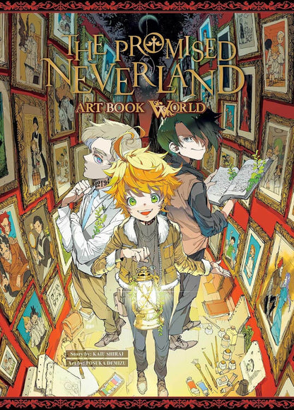 Cover of 'The Promised Neverland Art Book World' featuring three anime-style characters from the series, with a labyrinth-like background.