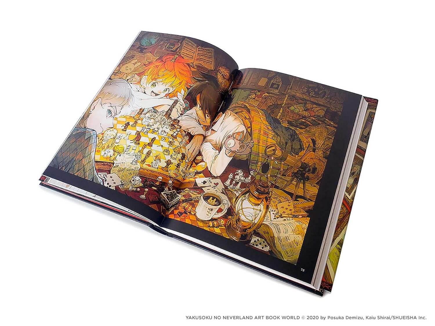 An open hardcover art book titled 'Yakuoshu no Neverland Art Book World' displayed on a clean white background. The pages feature a highly detailed, colorful anime-style illustration of characters in a cozy, cluttered room filled with tea and books.