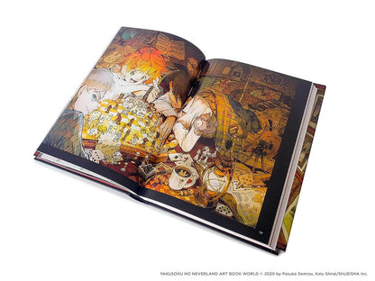 An open hardcover art book titled 'Yakuoshu no Neverland Art Book World' displayed on a clean white background. The pages feature a highly detailed, colorful anime-style illustration of characters in a cozy, cluttered room filled with tea and books.