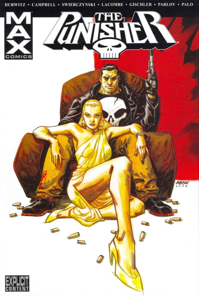 Comic book cover featuring 'The Punisher' with a woman in a gold dress and skull design.