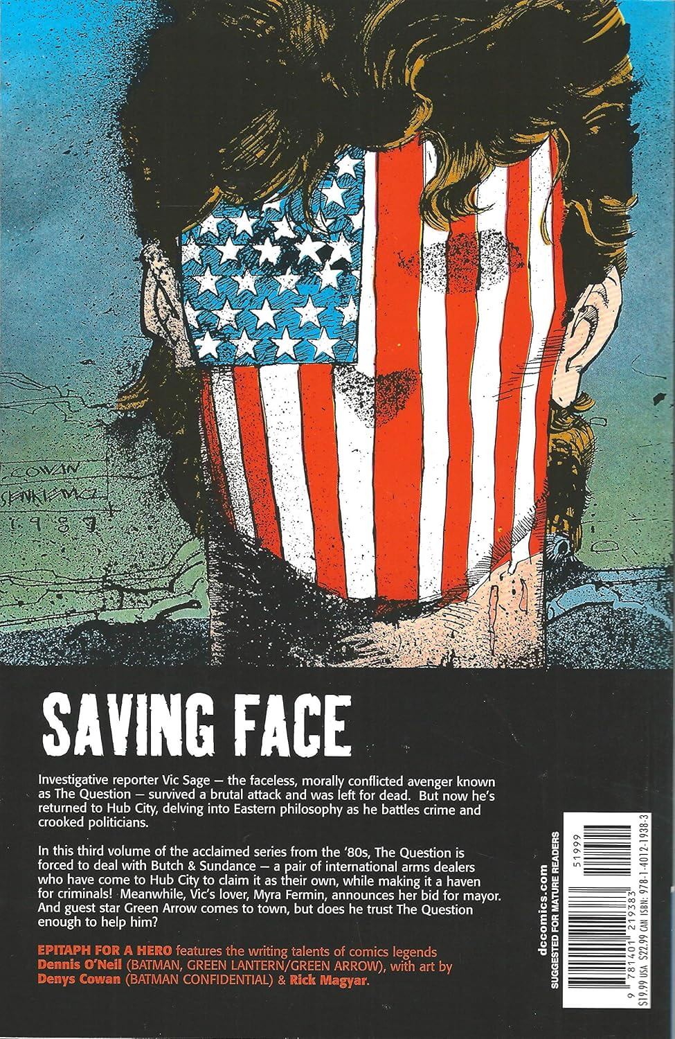 The back cover of the graphic novel 'Saving Face' Volume 3, featuring a stylized illustration of a man's back with an American flag pattern, set against a dark background with white title text and a barcode.