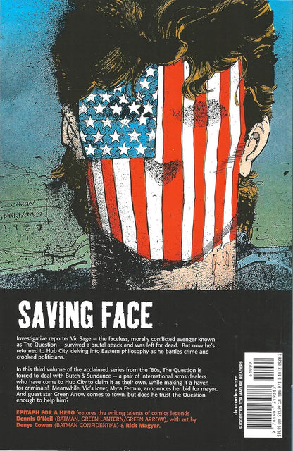 The back cover of the graphic novel 'Saving Face' Volume 3, featuring a stylized illustration of a man's back with an American flag pattern, set against a dark background with white title text and a barcode.