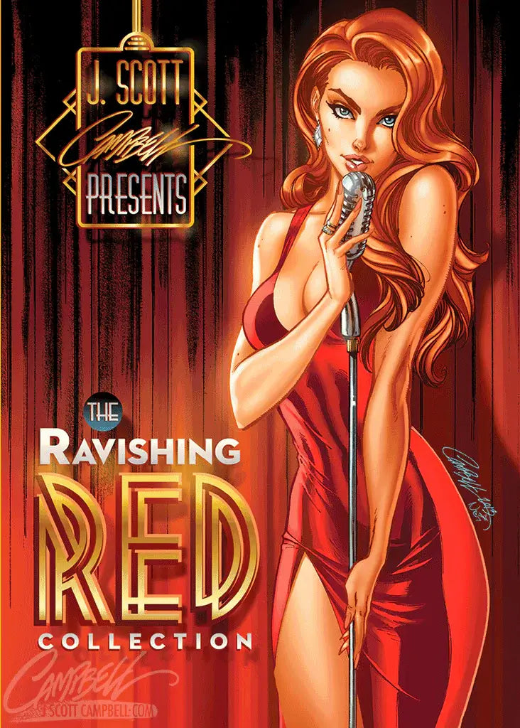 Cover of the J. Scott Campbell Ravishing Red Sketch Art Book featuring a sketch of a woman with red hair singing into a microphone.