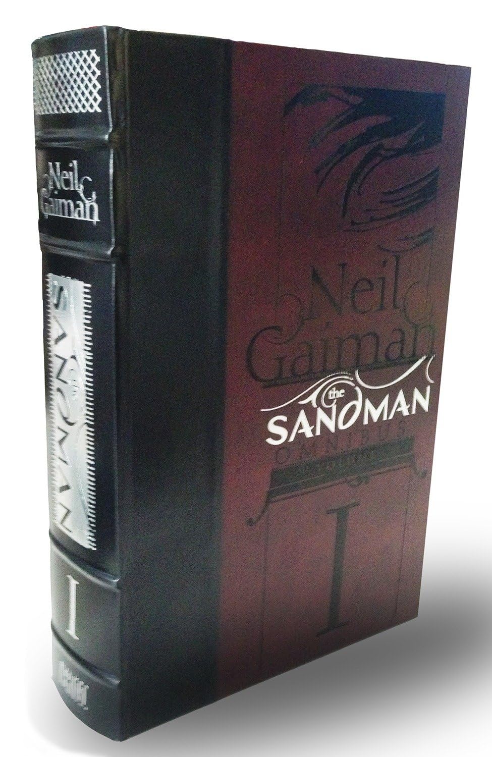 Book titled 'The Sandman' by Neil Gaiman with black and red cover design.
