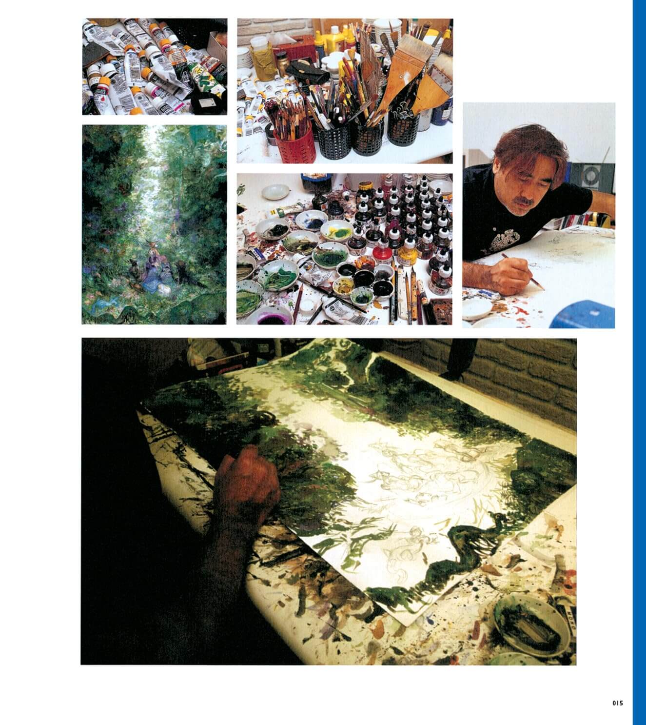 A collage of photos related to landscape painting, including a forest scene, an artist at work, paint supplies, and a large painted canvas on a table.