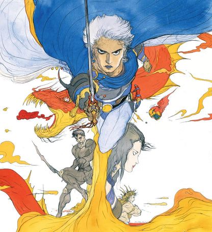 Anime-style fantasy illustration featuring a central white-haired warrior in a blue cape holding a sword, surrounded by dramatic red and yellow energy effects and smaller characters below on a white background.