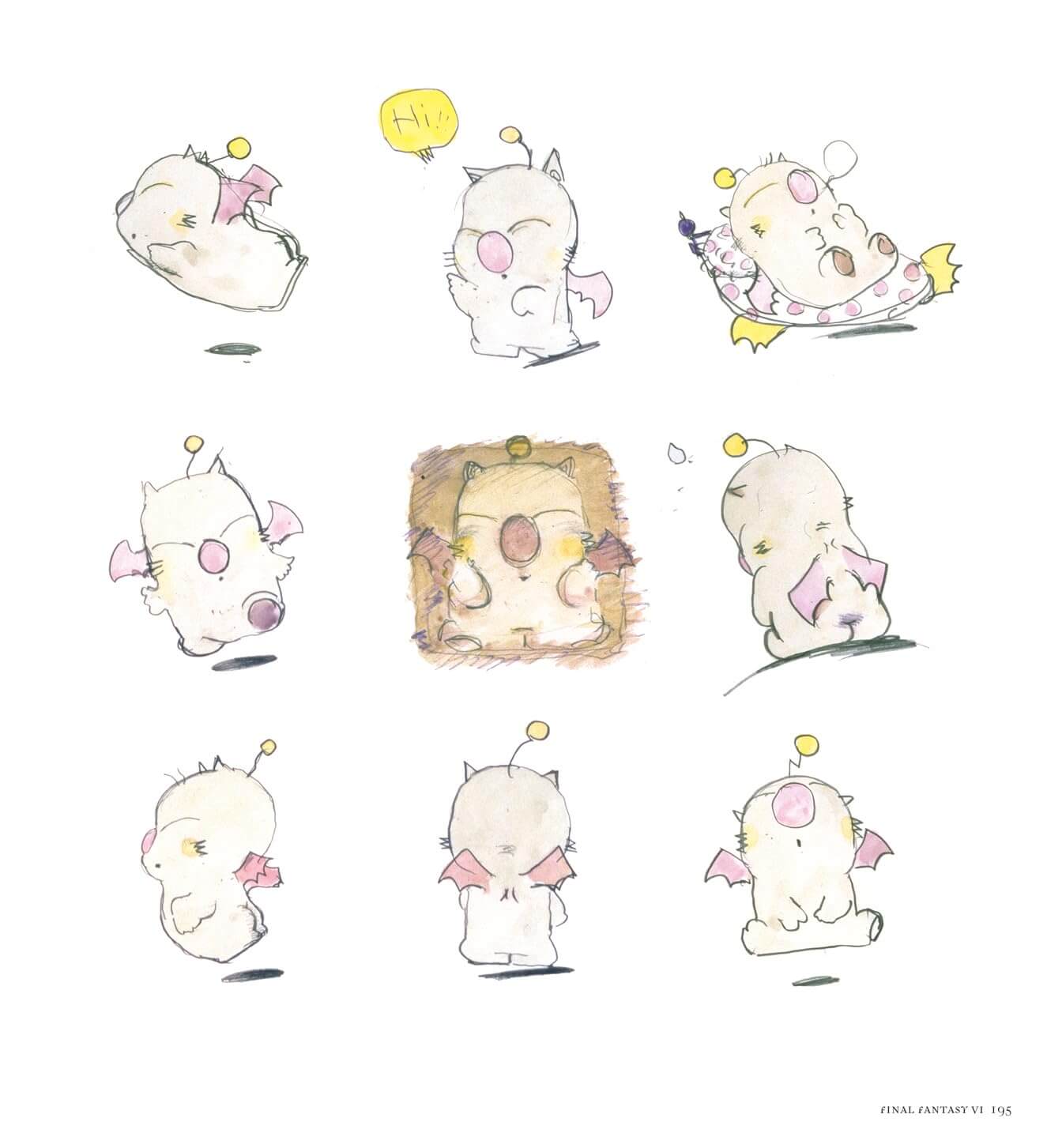 A sheet of character concept art showing nine hand-drawn illustrations of a small cream-colored fantasy creature in various poses, with pink wings, a yellow speech bubble reading 'HI', and a textured square panel in the center on a white background.