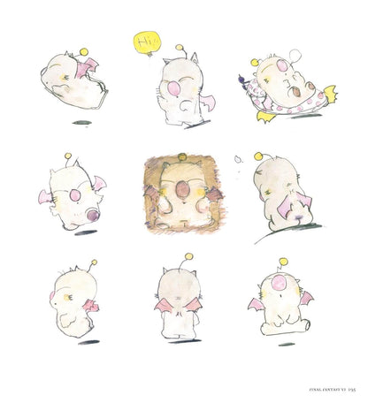 A sheet of character concept art showing nine hand-drawn illustrations of a small cream-colored fantasy creature in various poses, with pink wings, a yellow speech bubble reading 'HI', and a textured square panel in the center on a white background.