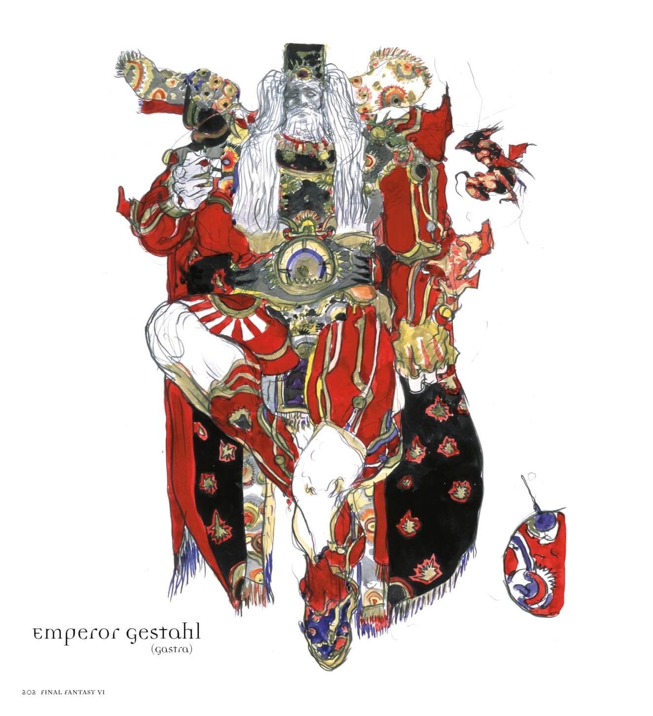 An illustration of a highly ornate ceremonial costume labeled 'emperor gestahl' with smaller text 'GARTING' at the bottom, shown on a plain white background with a small matching headpiece graphic to the lower right.