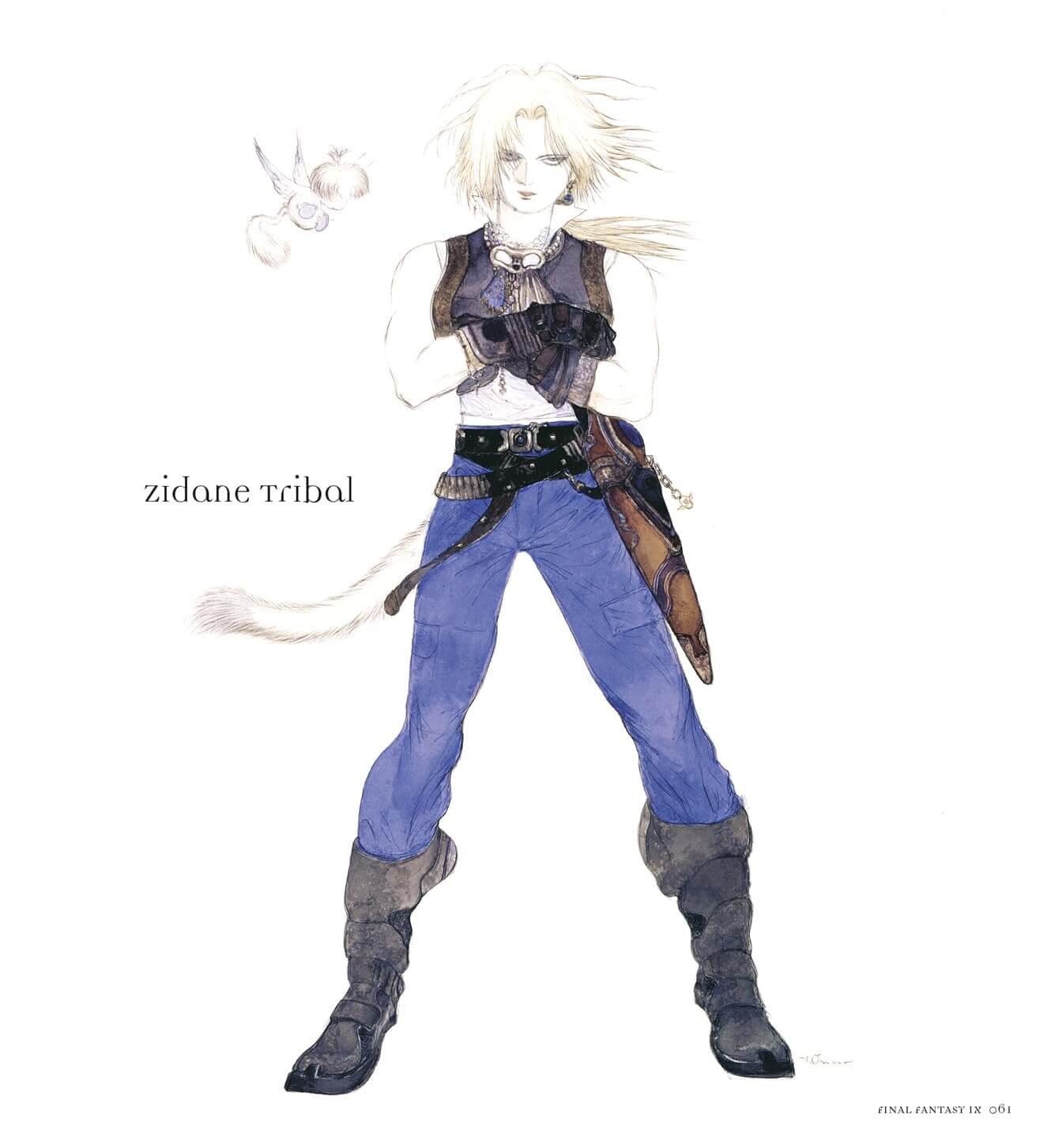 An anime-style character illustration on a white background, showing a blonde female warrior in a dark vest, blue pants, and tall dark boots, with the text 'zidane Tribal' beside her.