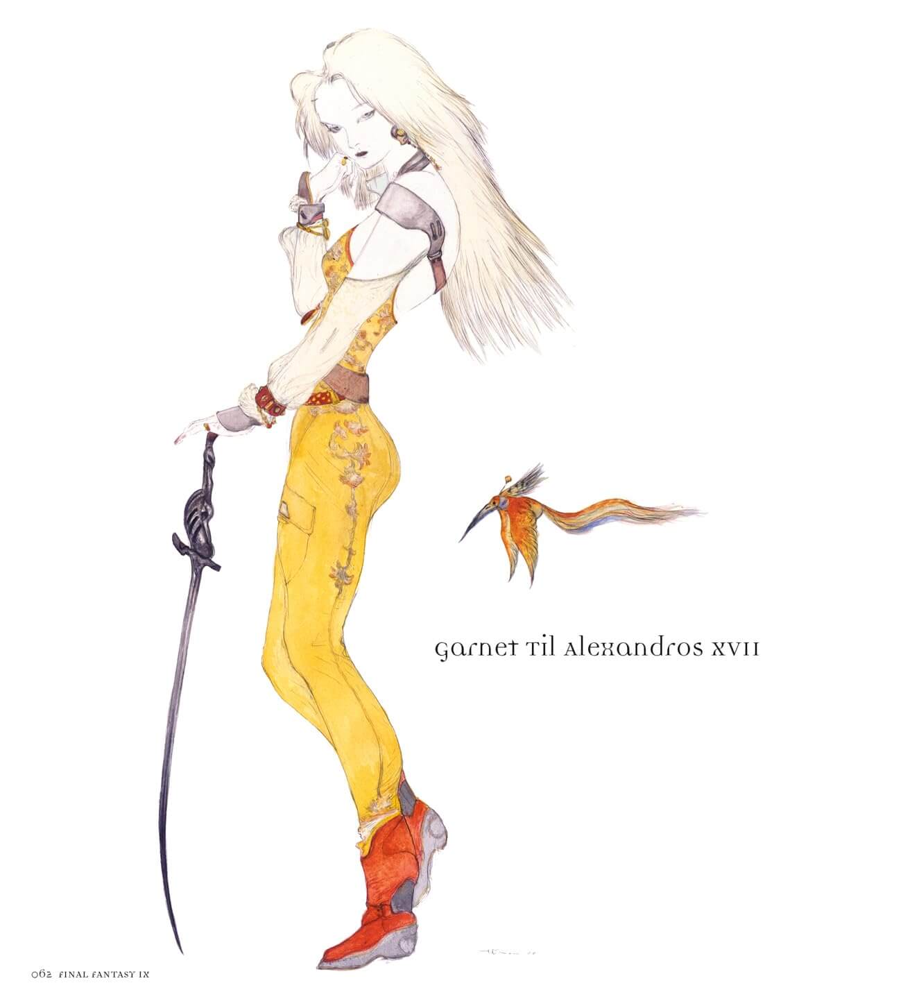 A stylized illustration of a woman in profile wearing a yellow and orange costume with red boots, holding a sword, on a white background with the text 'garnet til Alexandros xvii' and a small bird graphic.