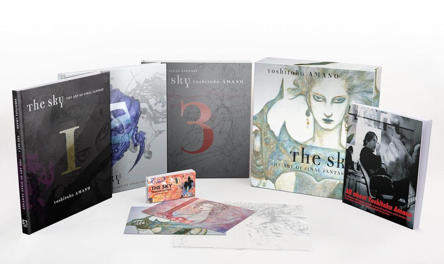 A boxed set of Yoshitaka Amano's 'The Sky' manga books and art prints arranged on a white background. The set includes multiple book volumes, a small art print, and a character card, with the covers showing dark fantasy artwork and titles including 'The Sky 1', 'The Sky 2', 'The Sky 3', and 'The Sky: The Art of Anime Fantasy'.
