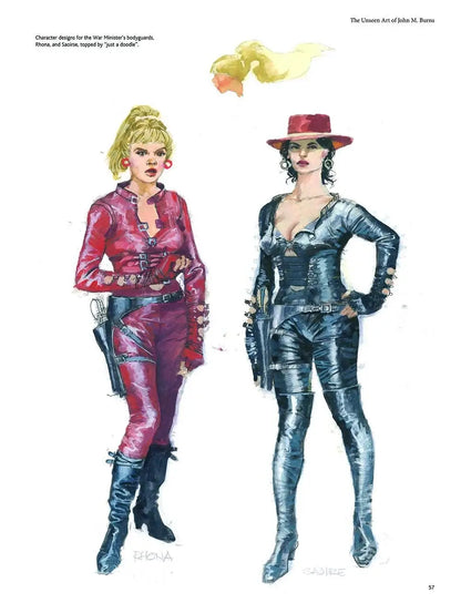 A printed illustration page showing two stylized female character designs in leather-like outfits, with one in red and one in metallic silver, on a white page with small caption text at the top.