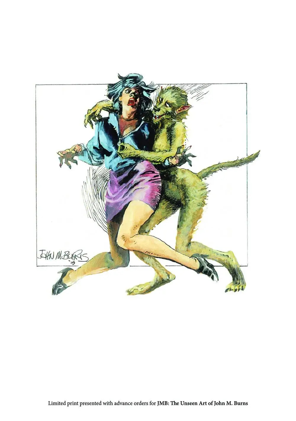 A limited art print featuring a stylized illustration of a woman in a blue top and purple skirt being pushed by a green creature, shown on a white background with text at the bottom.