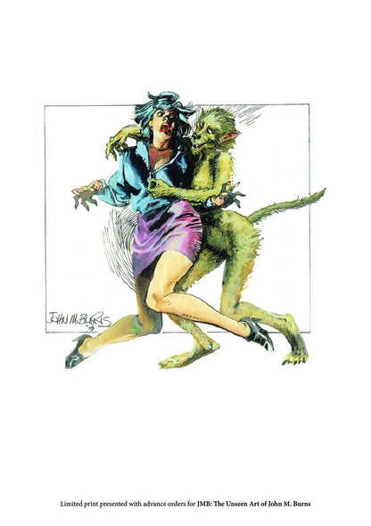 A limited art print featuring a stylized illustration of a woman in a blue top and purple skirt being pushed by a green creature, shown on a white background with text at the bottom.