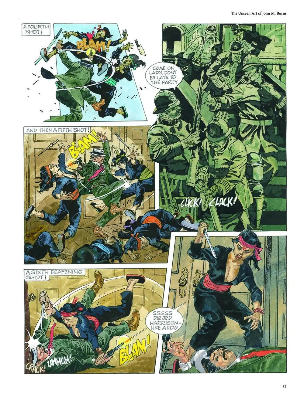A printed comic-book page featuring multiple illustrated action panels in muted green, black, beige, and yellow tones, with speech bubbles and sound effects. The page appears to be the product itself rather than a lifestyle scene or instruction graphic.