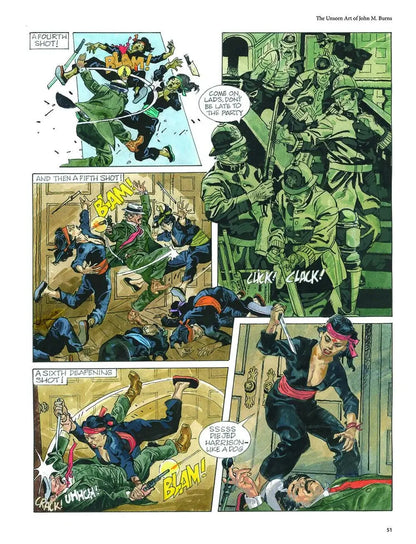 A printed comic-book page featuring multiple illustrated action panels in muted green, black, beige, and yellow tones, with speech bubbles and sound effects. The page appears to be the product itself rather than a lifestyle scene or instruction graphic.