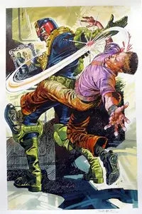 Vintage comic book illustration featuring a dynamic action scene with a character in a purple shirt and brown pants being thrown or attacked by a green-skinned figure in a mask, with other figures and a swirling white circular element in the background.