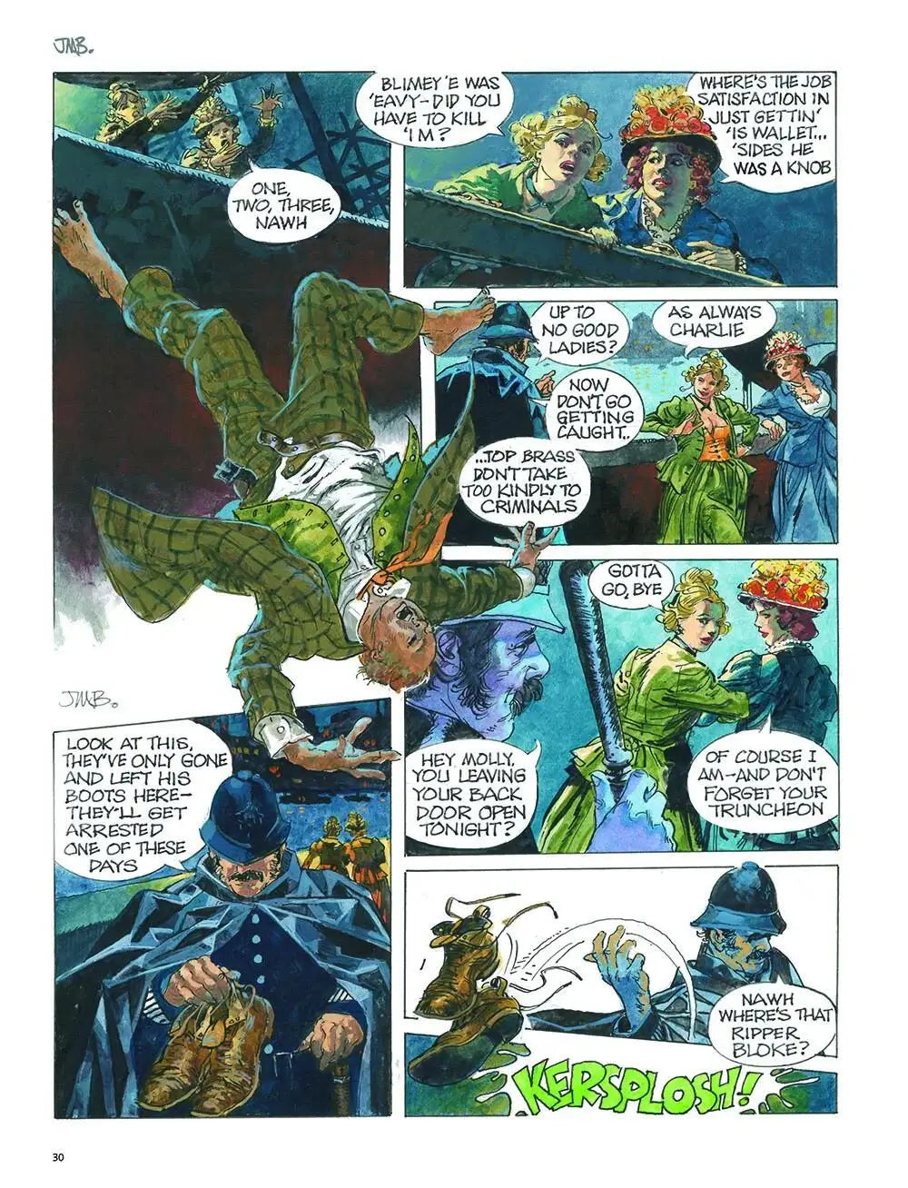 A printed comic book or graphic novel page with multiple illustrated panels showing a dramatic action scene. The artwork depicts a green-skinned figure in a mask and costume fighting or being attacked by a man in a blue suit, with other characters in the background.