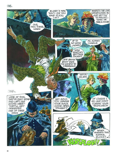A printed comic book or graphic novel page with multiple illustrated panels showing a dramatic action scene. The artwork depicts a green-skinned figure in a mask and costume fighting or being attacked by a man in a blue suit, with other characters in the background.