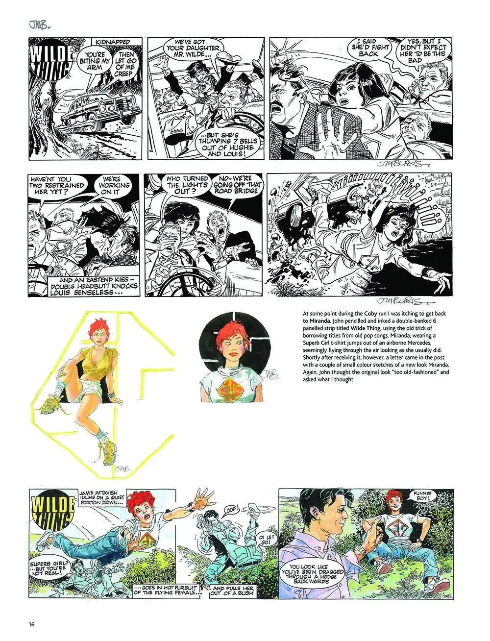 A printed comic-book style page with multiple black-and-white panels and a few colored panels showing illustrated characters and speech bubbles, plus a small text block and a large outlined figure on the lower left.