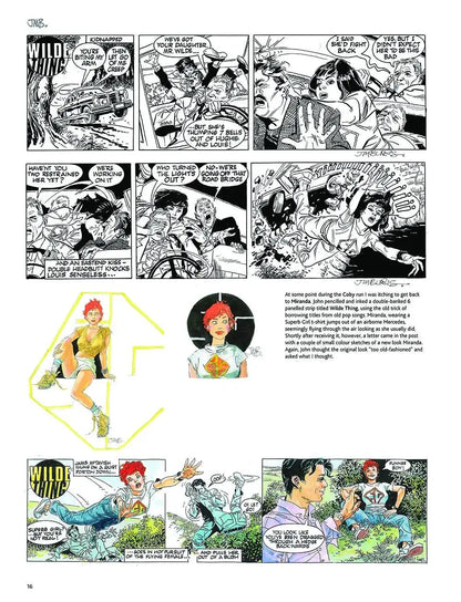 A printed comic-book style page with multiple black-and-white panels and a few colored panels showing illustrated characters and speech bubbles, plus a small text block and a large outlined figure on the lower left.