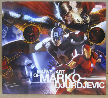 The Marvel Art of Marko Djurdjevic book cover featuring Marvel superheroes including Captain America, Thor, Iron Man, and Black Widow in a dynamic comic-style illustration.