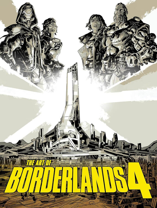 Promotional artwork for The Art of Borderlands 4, featuring stylized black-and-white illustrated characters and a futuristic cityscape with large yellow title text at the bottom.