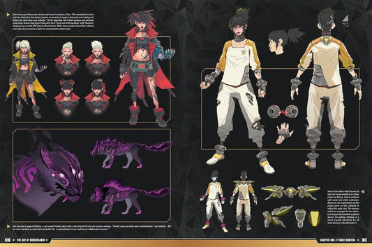 A printed character design sheet or concept art page showing multiple rendered figures, costume variations, facial expressions, and a purple wolf-like creature on a dark background.