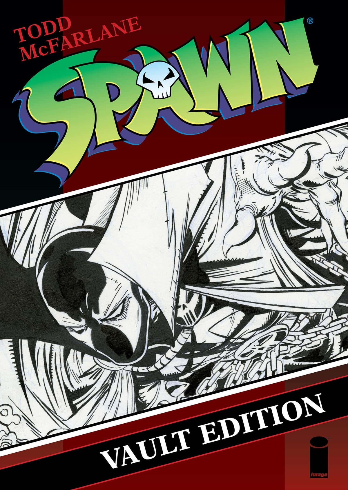 Front cover of the Spawn comic book 'Vault Edition' by Todd McFarlane, featuring the large green and blue Spawn logo at the top and a black-and-white illustrated action panel across the center.